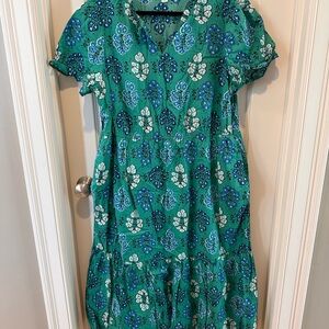J.Crew Green Floral Dress Size 18 Ruffle Hem Short Sleeve Boho